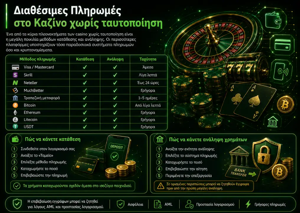 Διαθέσιμες πληρωμές στο Καζίνο χωρίς ταυτοποίηση